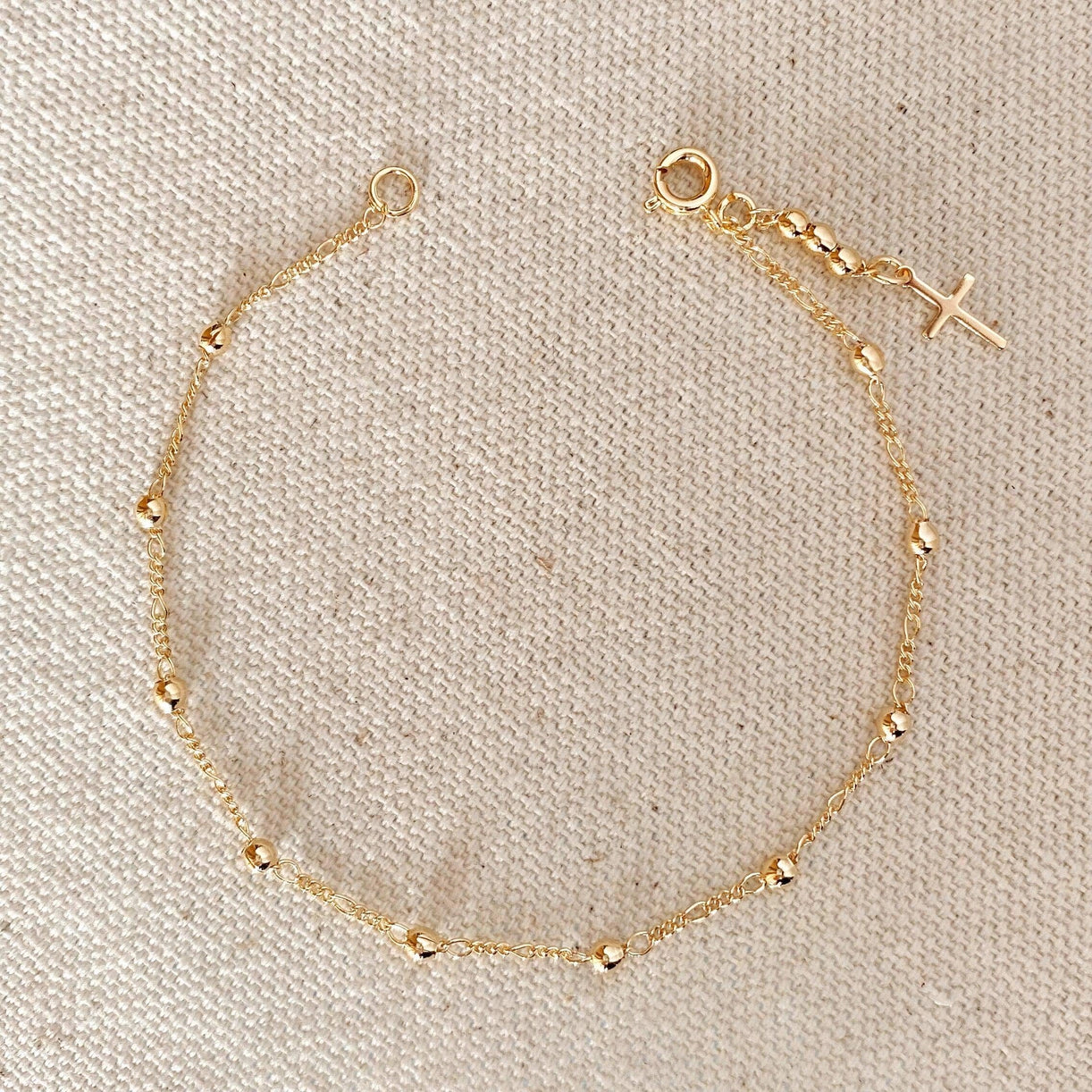 Gold Beaded Bracelet with Cross Charm