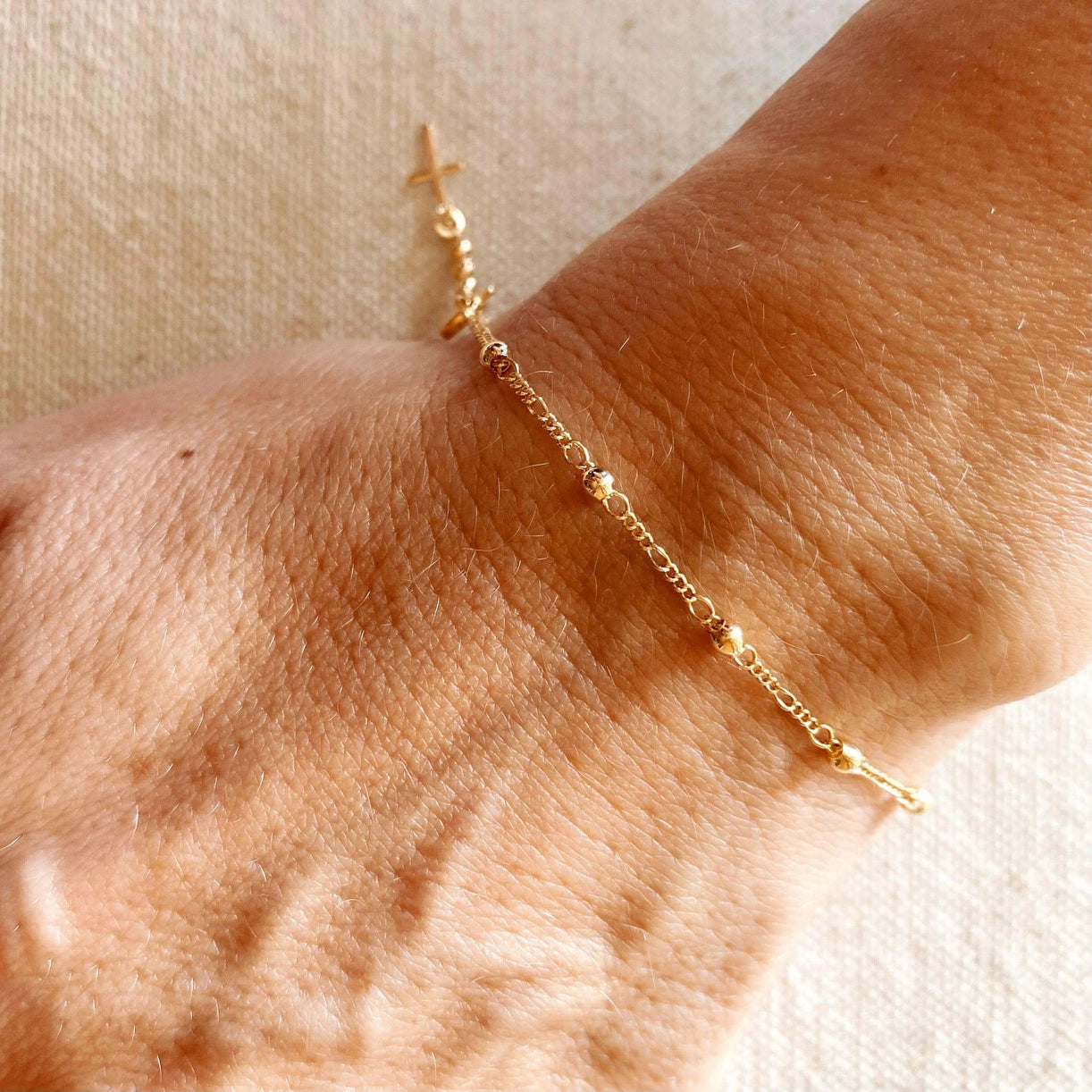 Gold Beaded Bracelet with Cross Charm